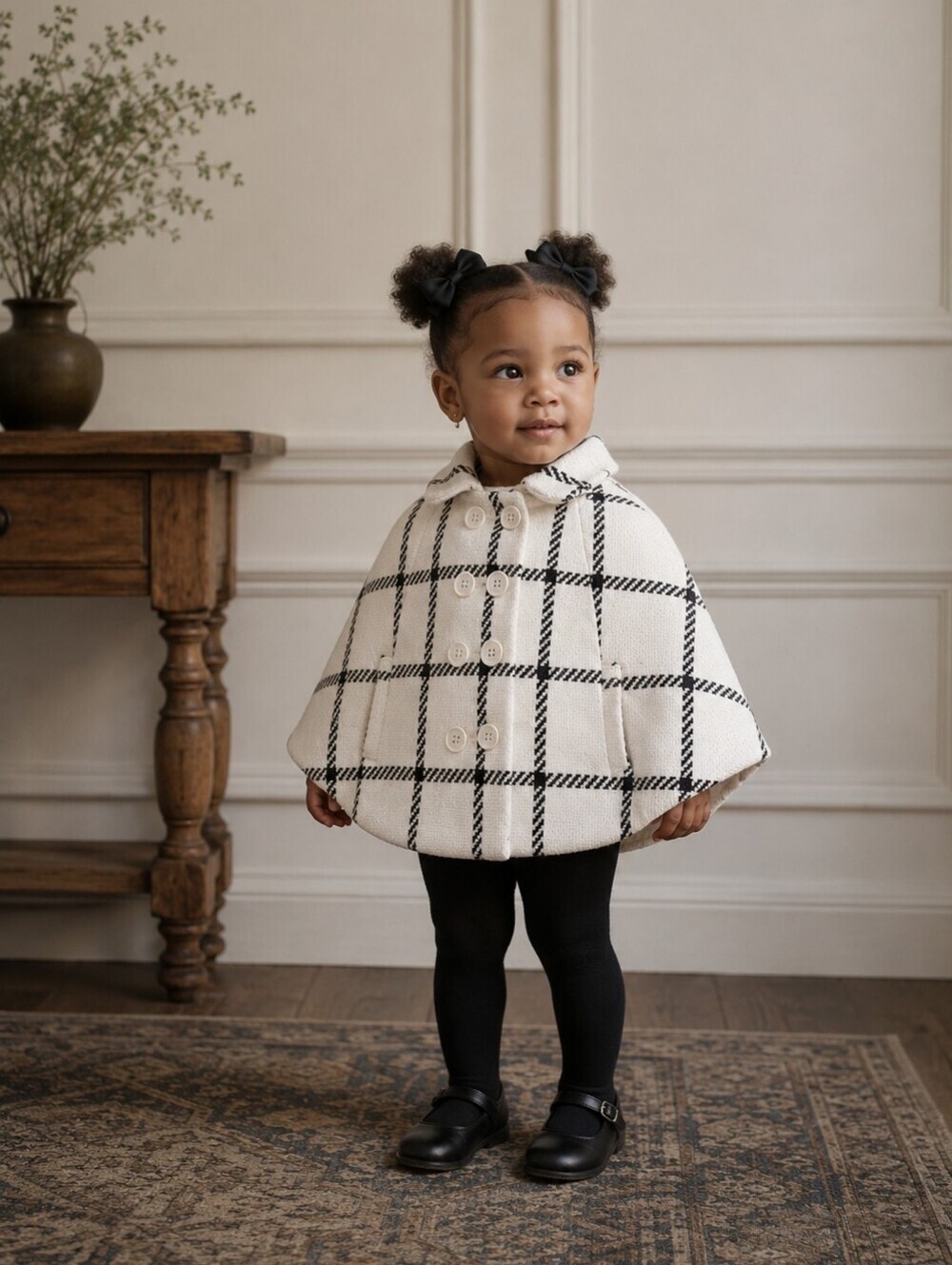 GAP Kids Plaid Cape Coat 18-24M Cream Black Toddler Poncho Peacoat Preppy